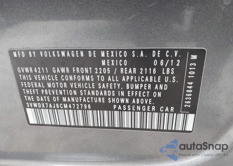 2012 Volkswagen Jetta 2.5L Se from USA, damaged, VIN 3VWDX7AJ8CM472796